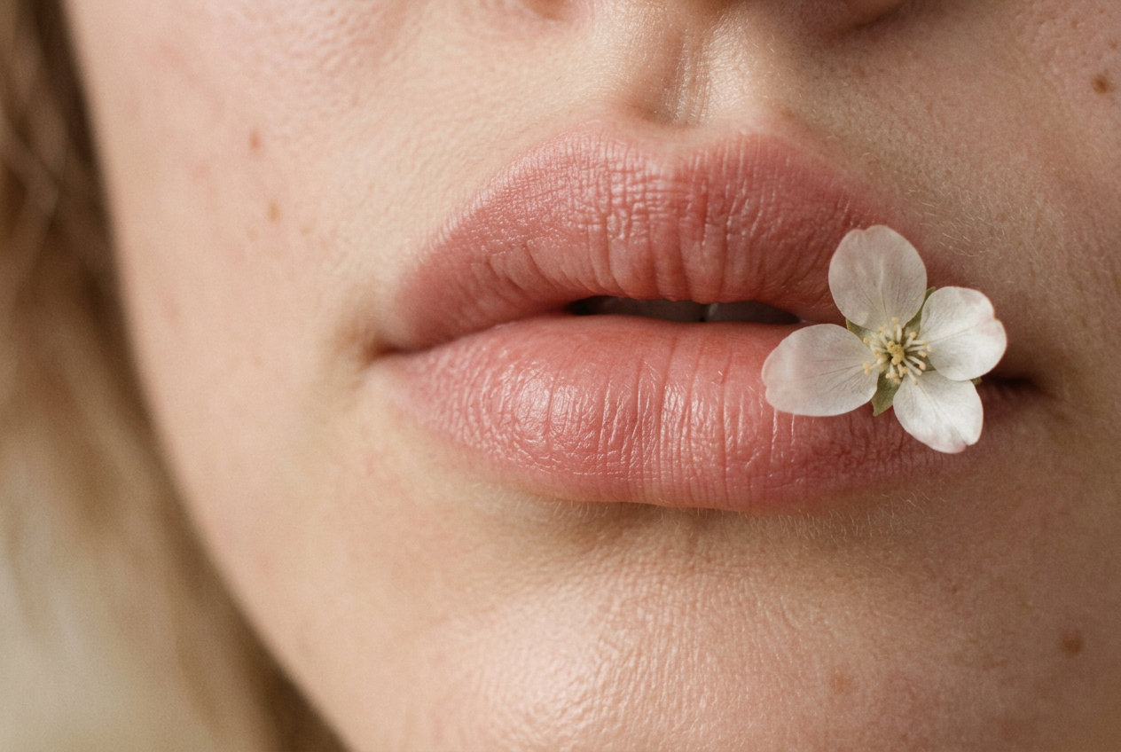 Lèvres naturelles tenant une petite fleur blanche